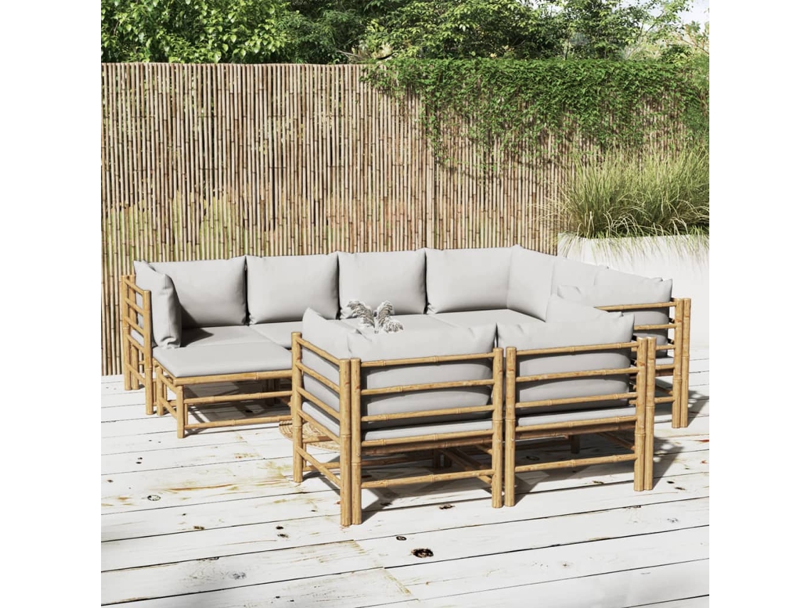 Conjunto 10 Peças Jardim Bambu Lounge C/ Almofadões Cinza Claro Dkd Home Decor