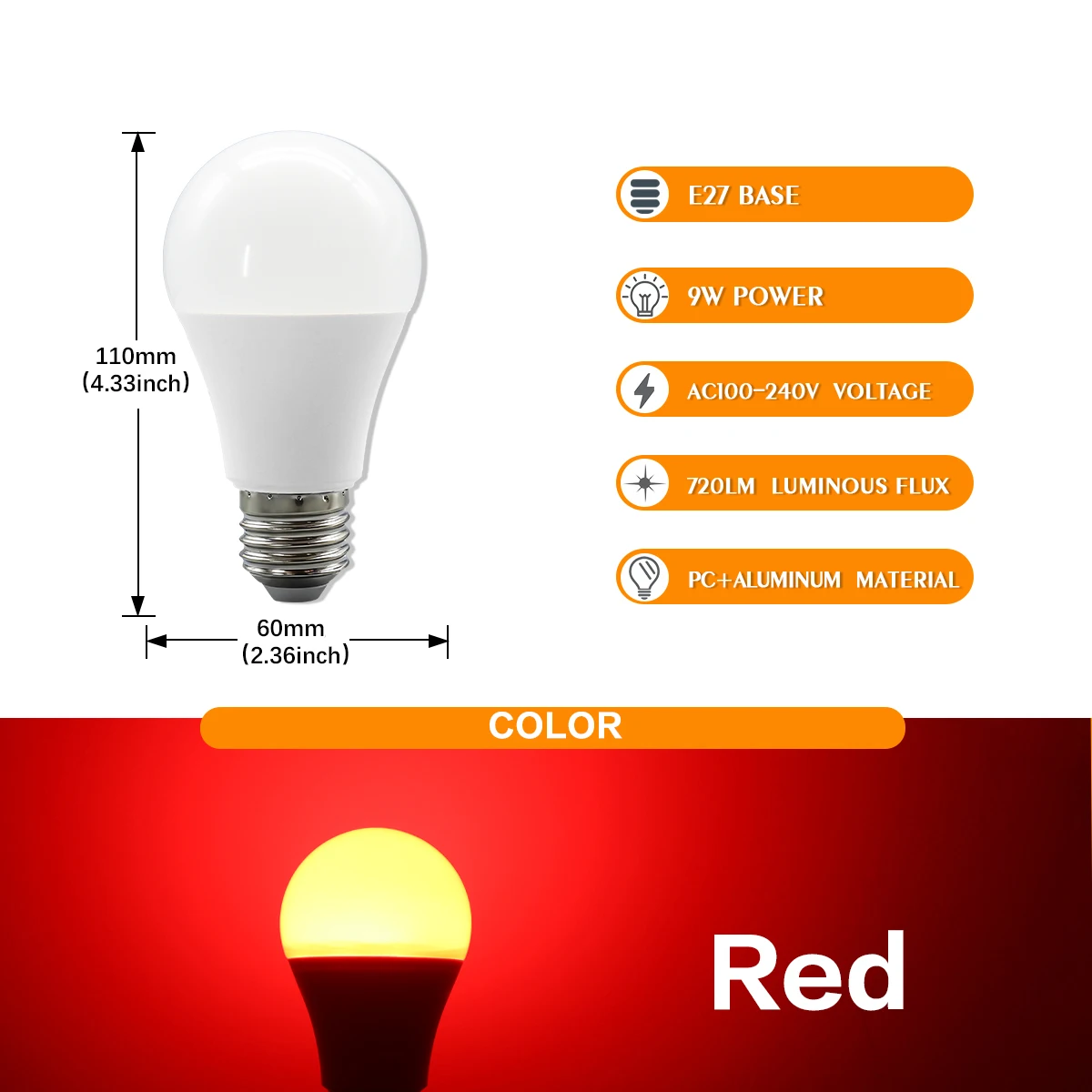 Bombilla Led De 9 W (e27 Roja, 1 Unidad), Luz Decorativa Para El Hogar.
