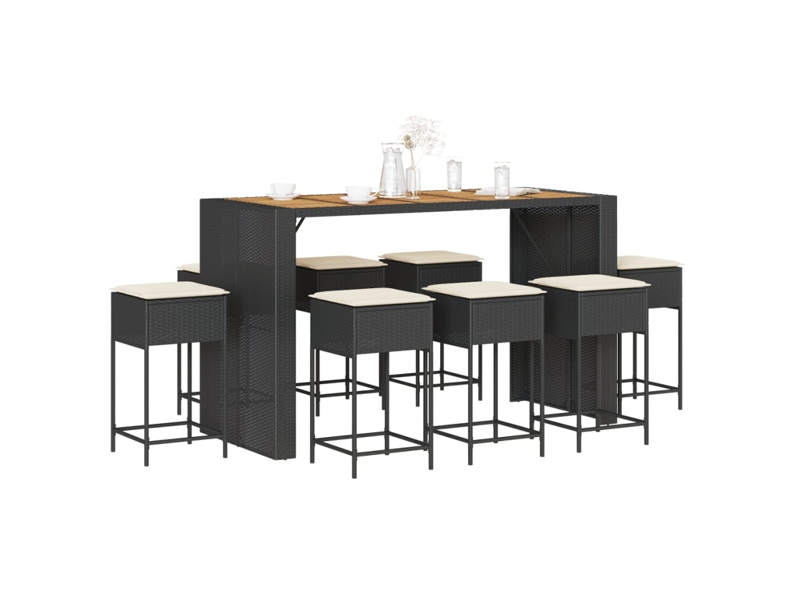 Conjunto de bar de jardín de 9 piezas con cojines, mimbre sintético negro, DKD Home Decor