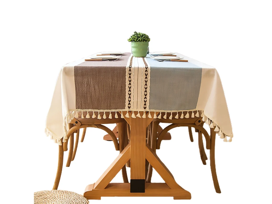 HYMNORA Mantel Lavable de Algodón y Lino con Borlas Mantel Moderno y Sencillo con Rayas para Decoración de Cocina y Comedor