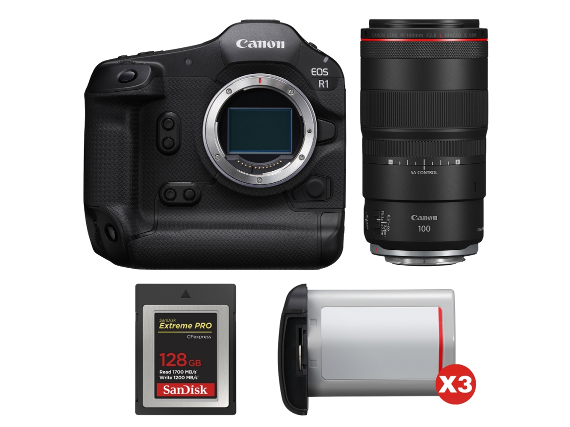 EOS R1 + RF 100mm F/2.8 L Macro IS USM + 1 Sandisk 128GB Extreme Pro Cfexpress Tipo B + 3 Canon LP E19 + Libro electrónico Pricedirect CANON