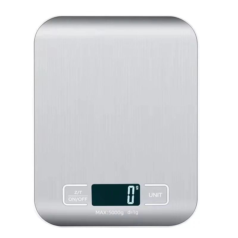 Balanza de cocina digital (5 kg) con pantalla LED y superficie de acero inoxidable.