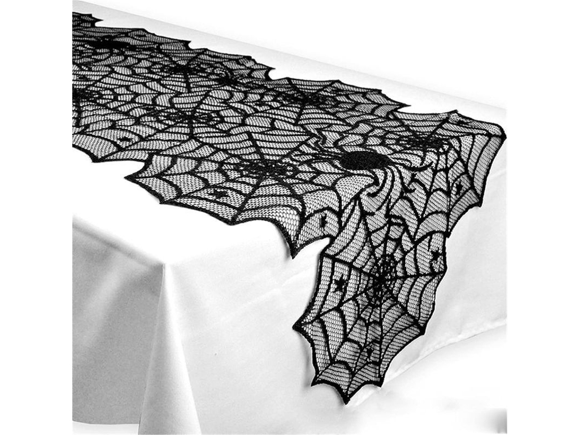 2026-mantel De Encaje Negro Para Halloween, 45x183cm, Decoración De Mesa Con Telarañas Y Murciélagos