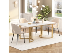 Conjunto de comedor de 140×80 cm con mesa y 4 sillas en terciopelo beige, patas doradas y MDF blanco con diseño de rombos.