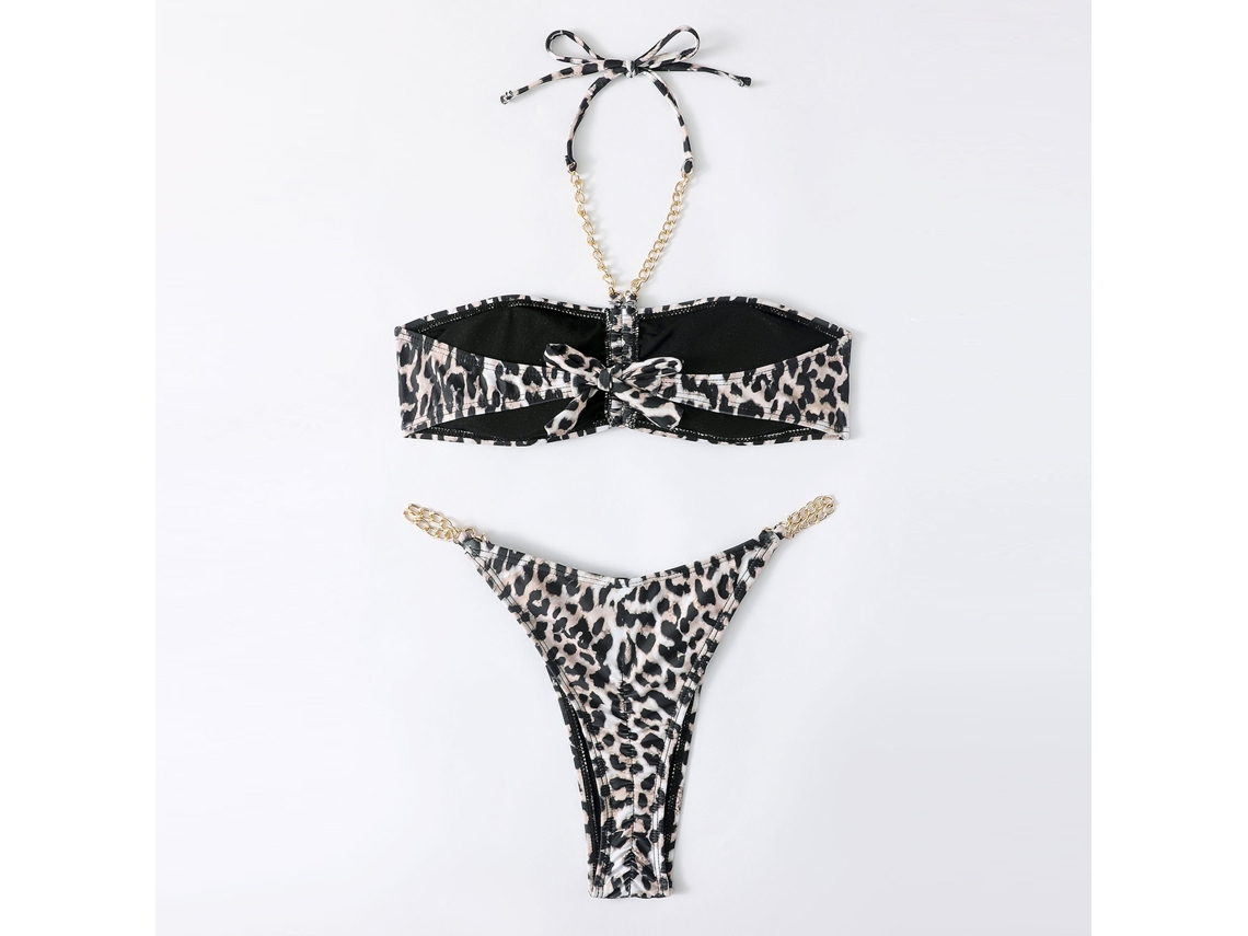 Bikini push-up con cadena dorada y abertura con estampado de leopardo.