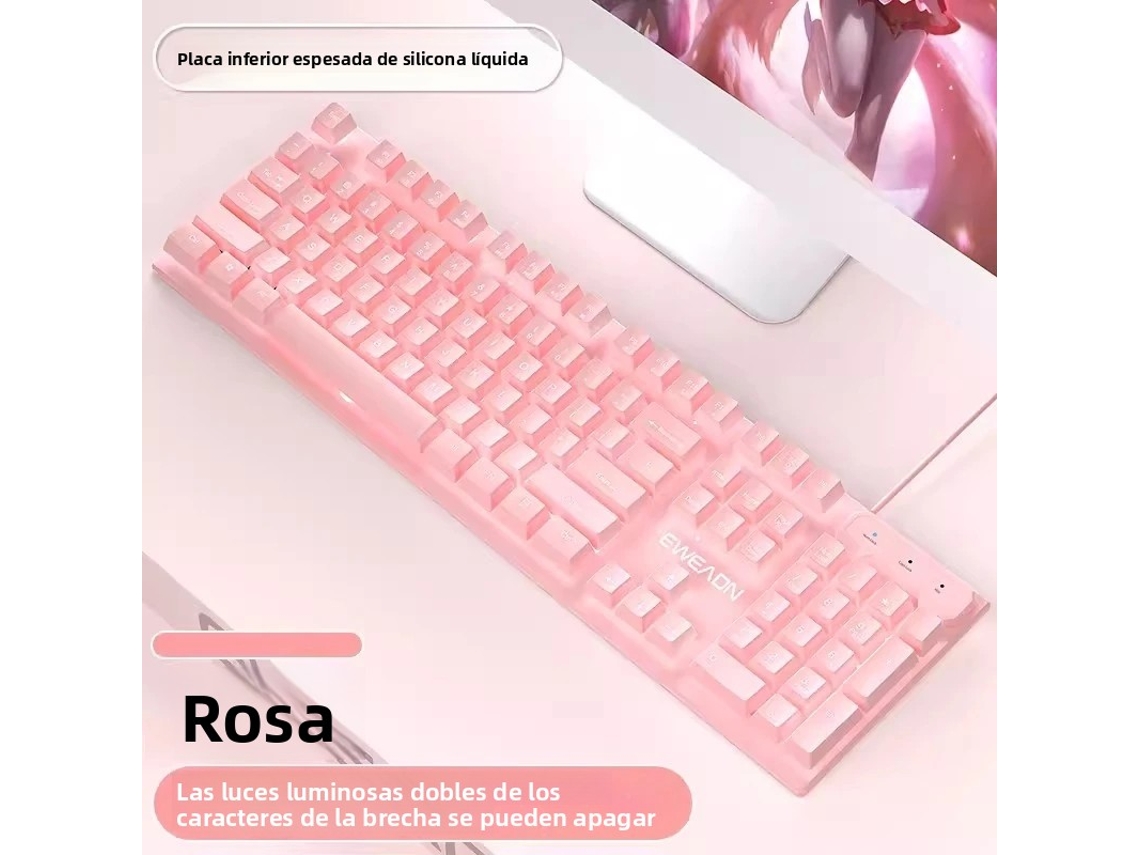 Teclado silencioso (rosa), ideal para trabajo de oficina y juegos, conexión USB, 104 teclas.