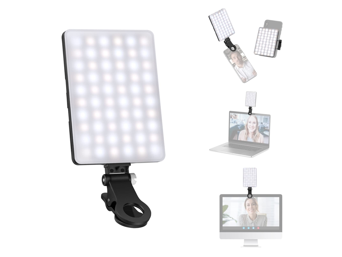 Luz para selfies con clip para teléfono delantero y trasero, alta potencia 60 LED 2000 mAh CRI 95+, luz de clip portátil para computadora, luz de relleno de video TikTok Negro CHRONUS