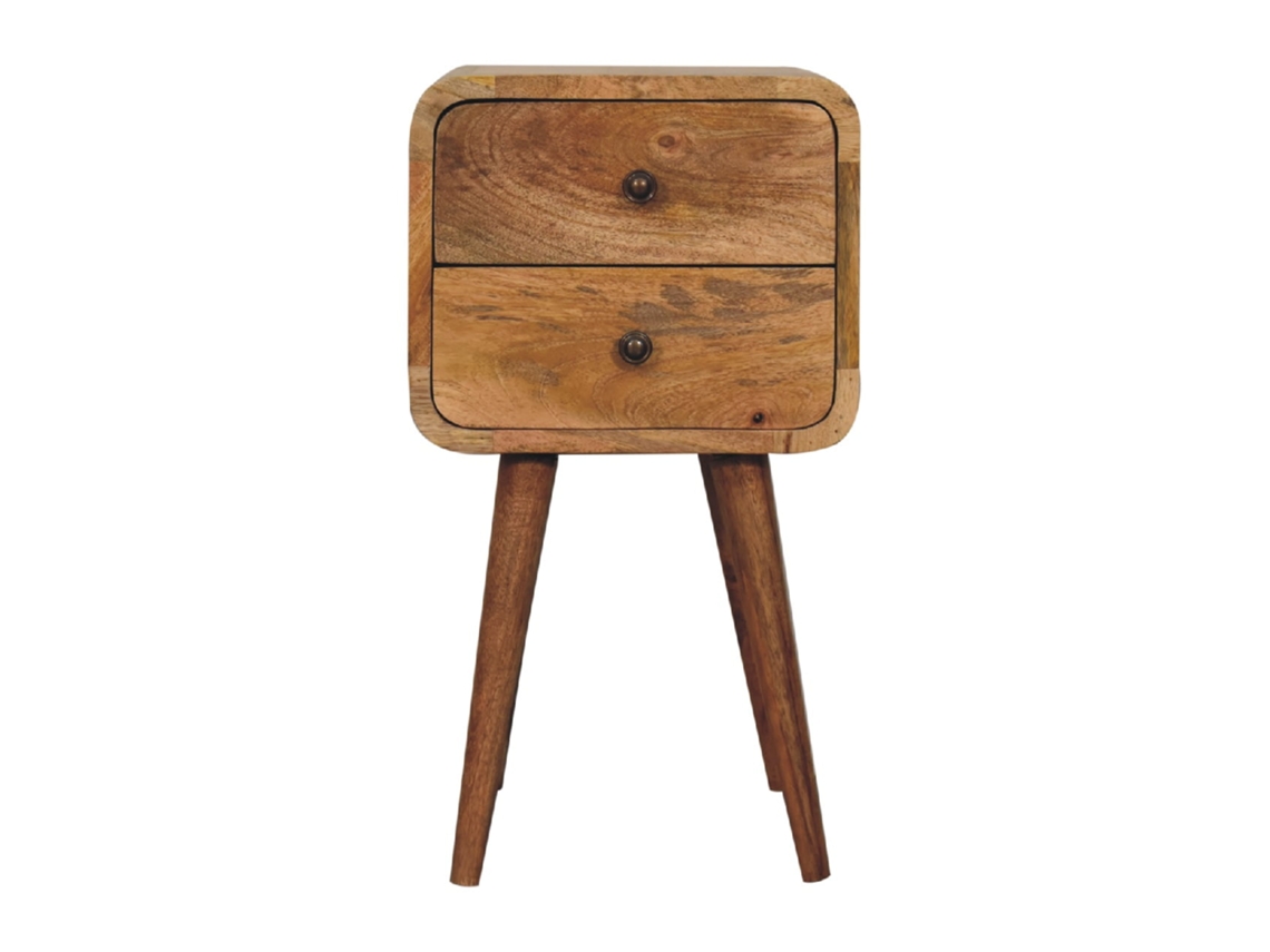 Mini mesita de noche curva de madera maciza, 2 cajones, beige - Muebles Artesanos