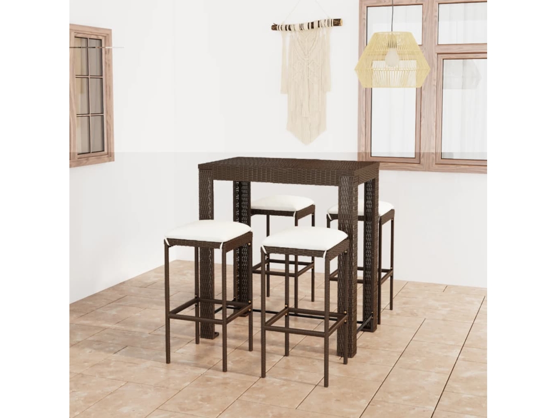 Conjunto de bar de jardín de 5 piezas con cojines, mimbre sintético marrón, DKD Home Decor