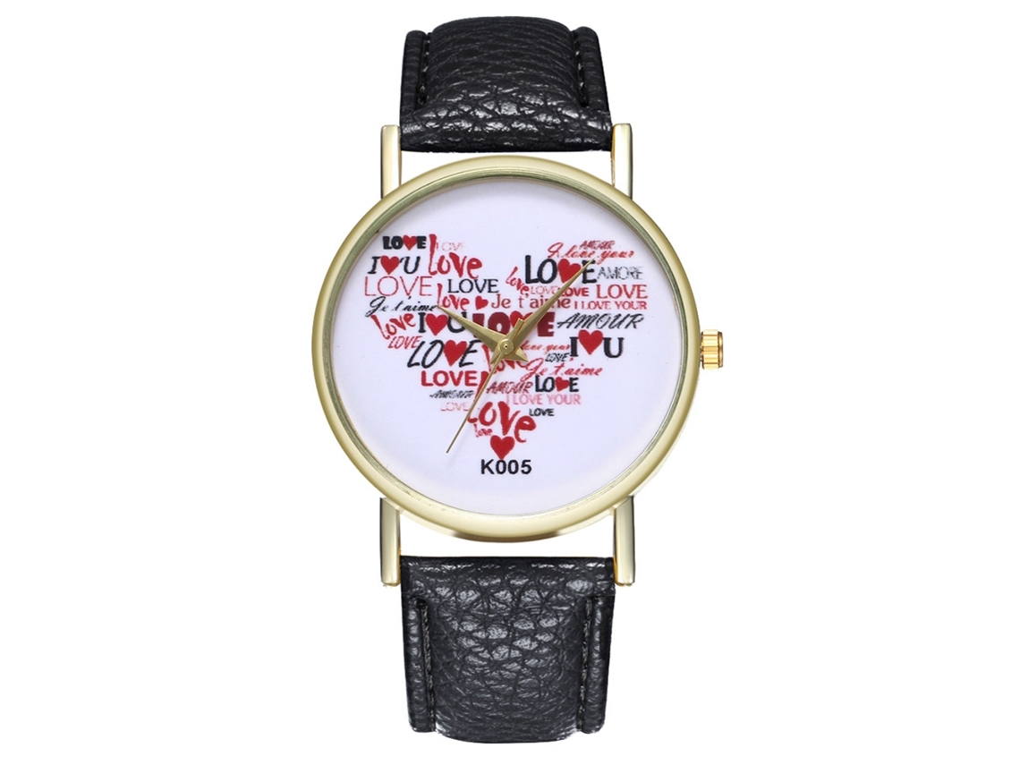 Reloj De Cuarzo De Moda Con Correa De Cuero Pu Dial Redondo Para Parejas Negro
