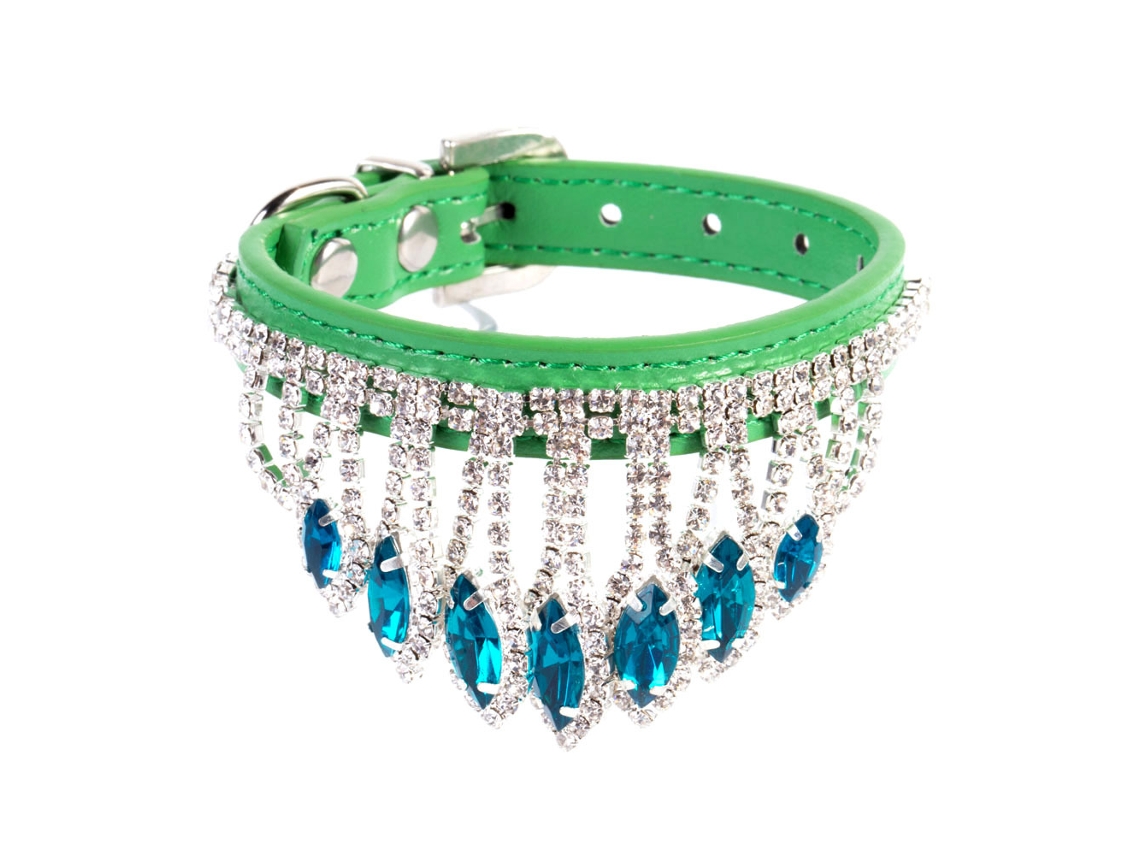 Collar Ajustable Para Gato Con Pedrería Suave En Piel Sintética Con Colgante De Diamante Verde S*