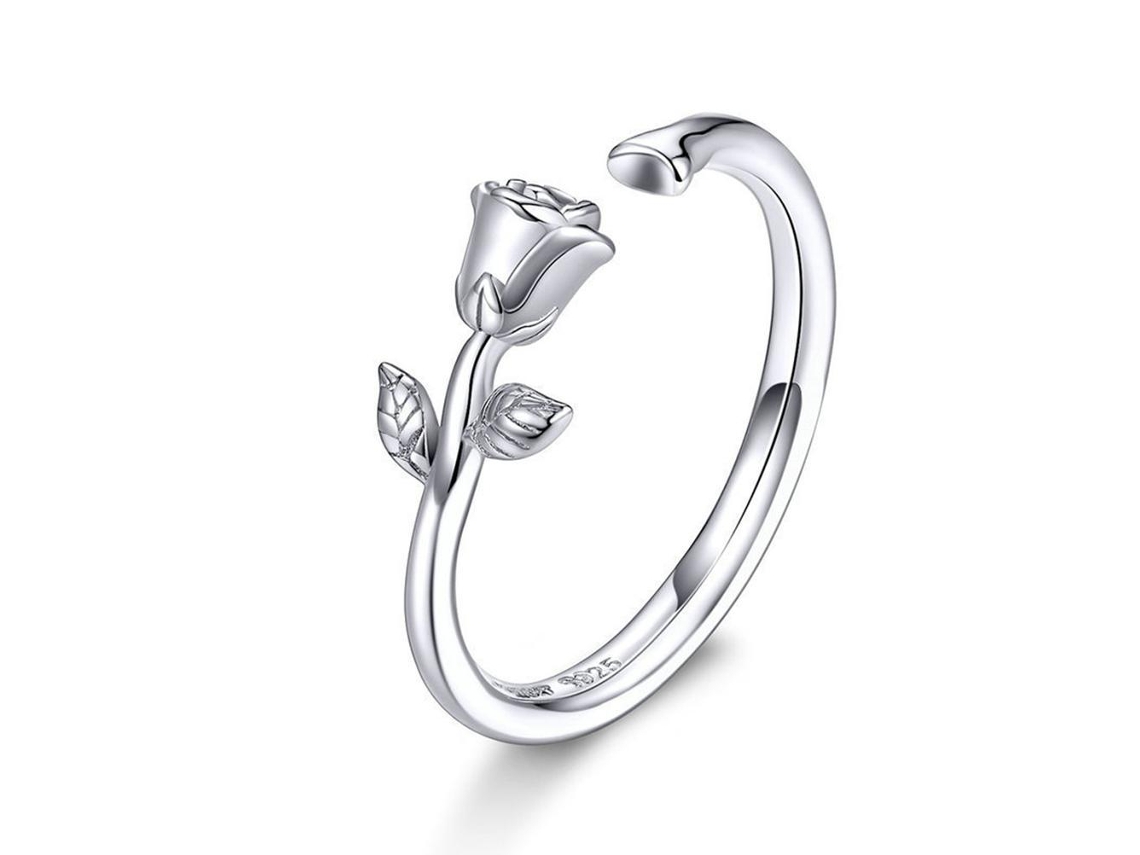 Anillo De Rosa En Plata De Ley 925, Ajustable Con Baño De Platino, Regalo Para Mujer.