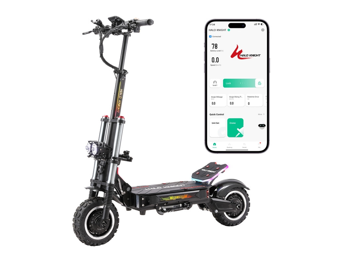 Patinete eléctrico Halo Knight T107 Pro - 2 motores de 3000 W - Batería de 60 V y 38,4 Ah - Neumáticos de 11 pulgadas - Velocidad máxima: 95 km/h - Autonomía: 80 km - Frenos hidráulicos dobles