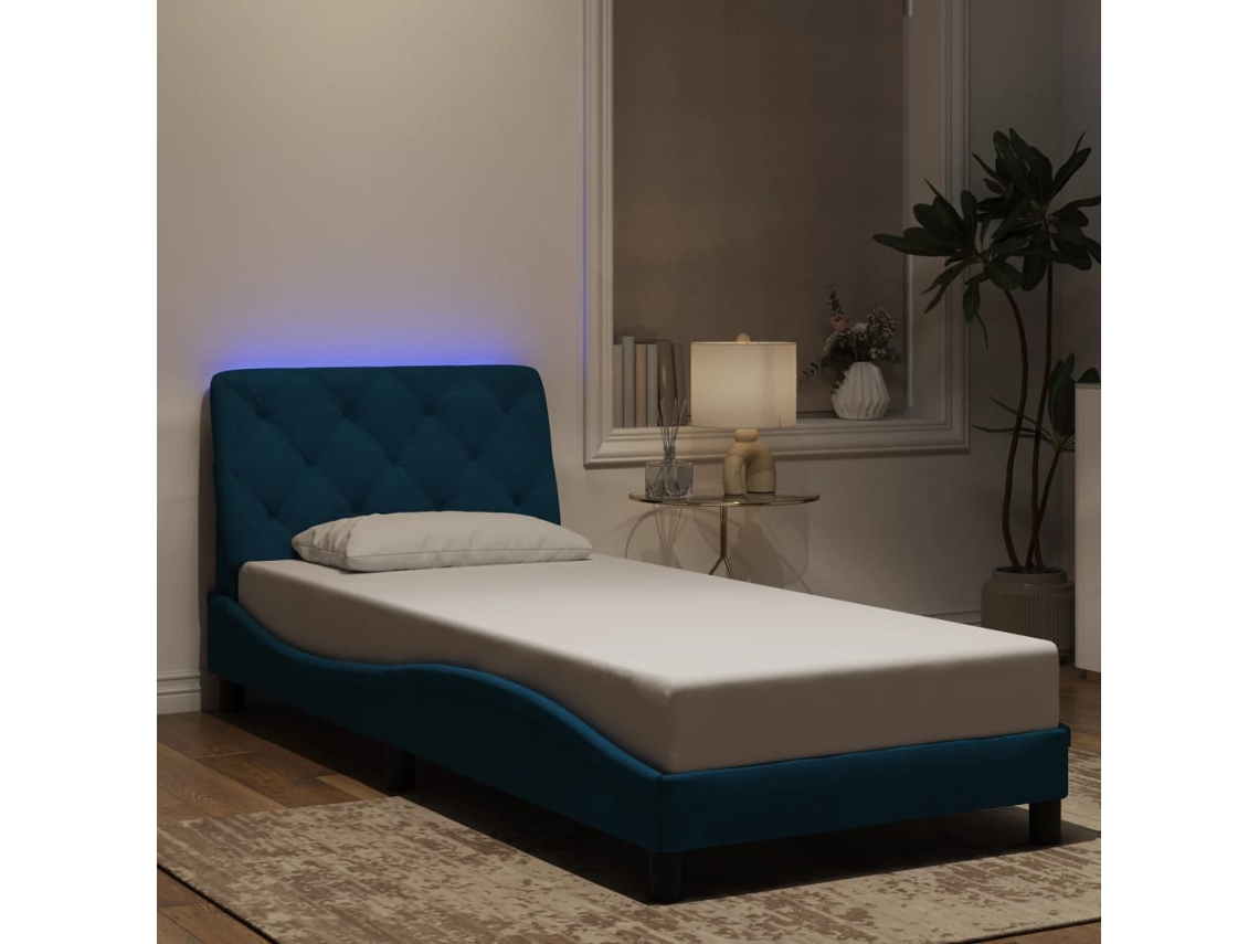 Estructura Cama Con Luces Terciopelo Azul 90x190 Cm