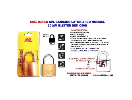Avl candado laton a-normal 50 m.m. blister c50b