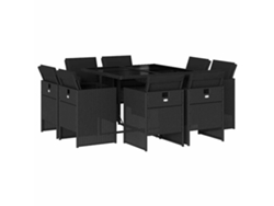 Juego de 9 piezas de comedor de jardín con cojines de mimbre, color negro, EXCLUSIVA DE LA CASA