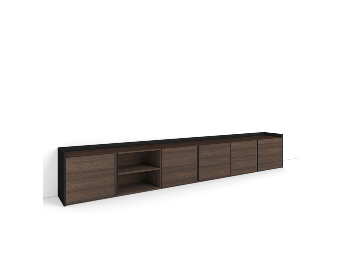 Mueble Tv, Televisión, 309x35x50cm, Para Tv Hasta 80", Con Almacenamiento, Roble Oscuro Y Negro