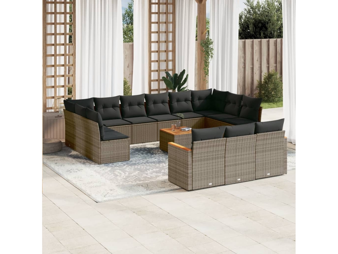 Conjunto de sofá de jardín de 14 piezas con cojines, mimbre gris, DKD Home Decor
