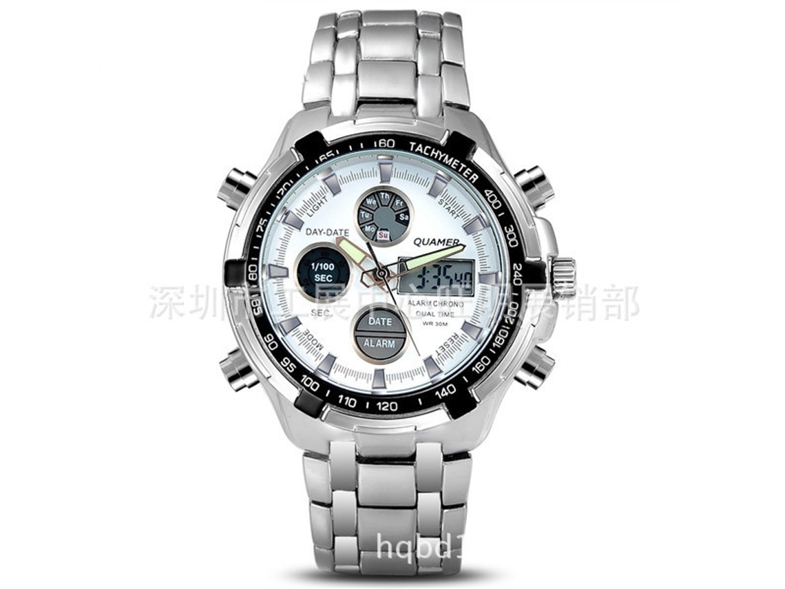 Reloj De Hombre (plateado Y Blanco) De Metal Con Doble Movimiento, Pantalla Electrónica Y Multifuncional, Estilo Casual Y Moderno.