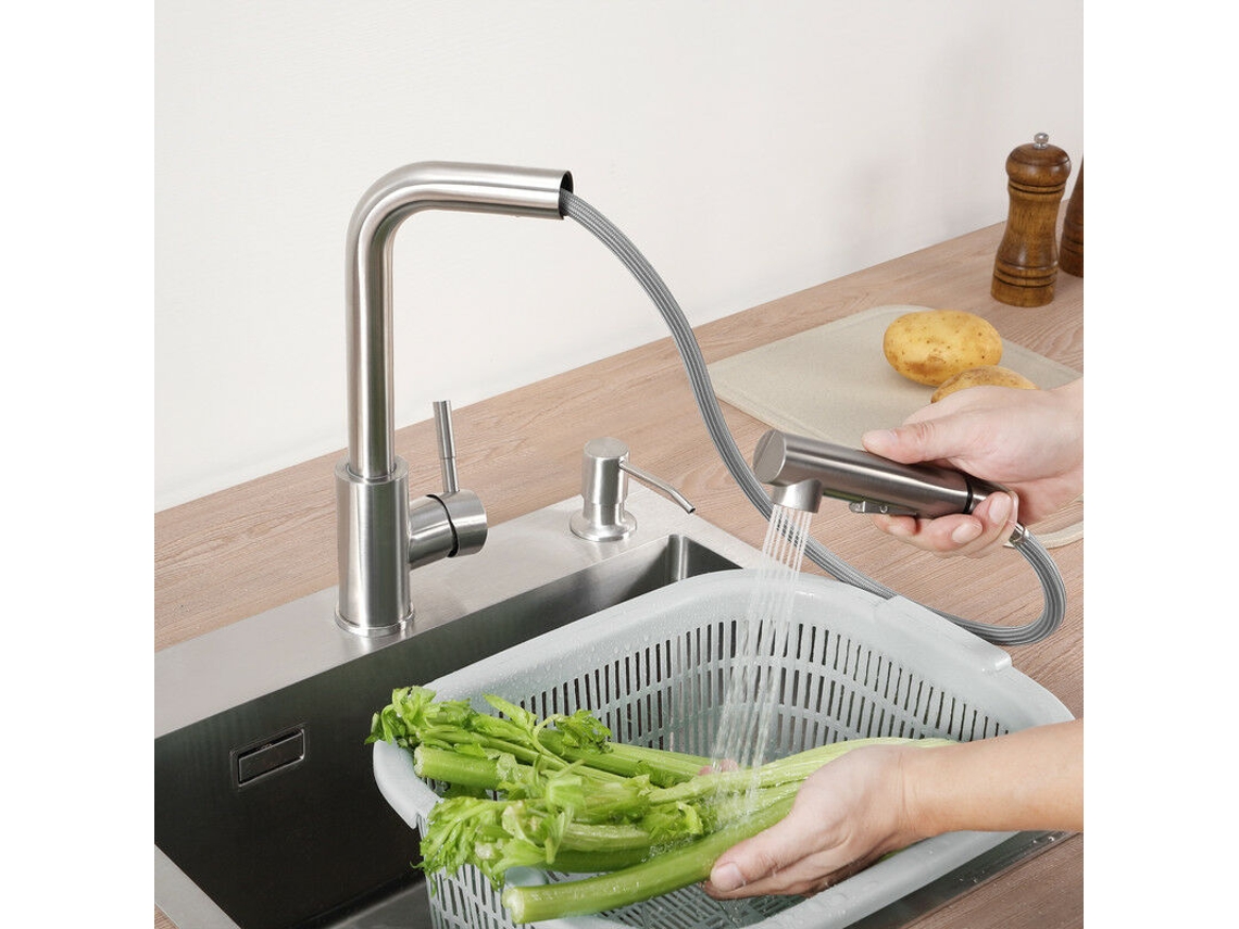 NEVEANCE Grifo de cocina de diseño universal, de acero inoxidable, fácil instalación, con rociador extraíble, control de temperatura sin esfuerzo y múltiples c