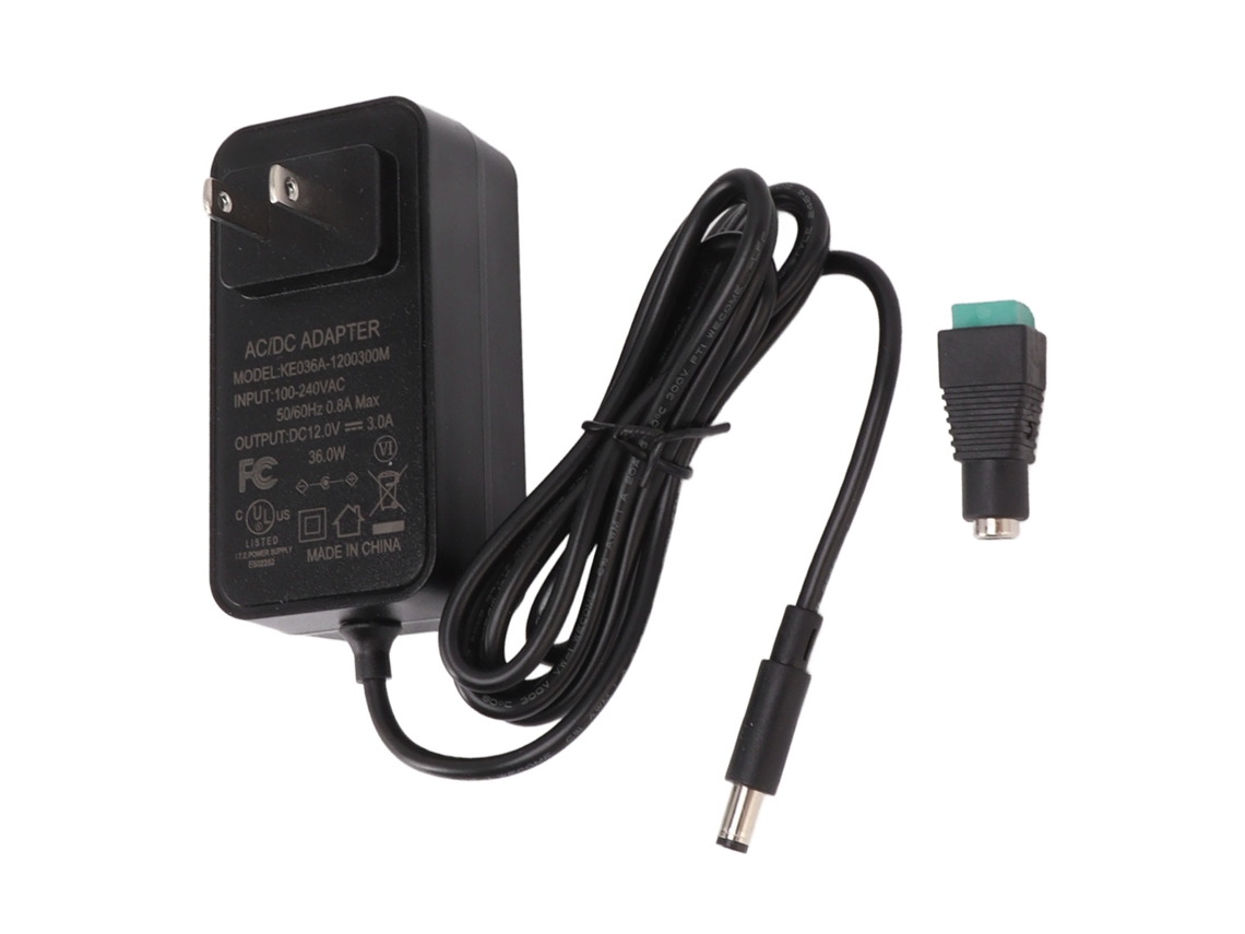 Adaptador de corriente CA a CC de 12 V 3 A (modelo 2026) con transformador de protección múltiple para tiras LED.