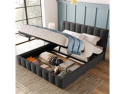Cama Tapizada Hidráulica 140x200 Cm - Cabecera Ajustable, Estructura Metálica, Con Almacenamiento - Gris