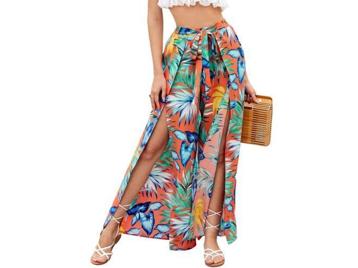 Pantalones largos de pierna ancha Rebe con estampado floral bohemio, abertura frontal y lazo, talla L, color naranja tropical.
