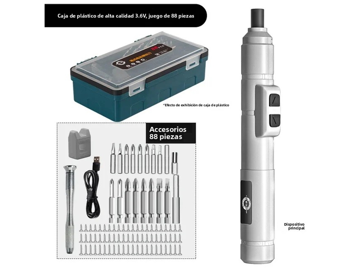 Mini destornillador eléctrico inalámbrico, recargable por USB, 3,6 V, 200 RPM, batería incluida MDUG (juego blanco de 88 piezas)