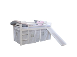 Cama Alta Infantil 90x200cm Con Escalera Y Tobogán Madera Blanca Con Tela De Estrellas Grises Lit06179