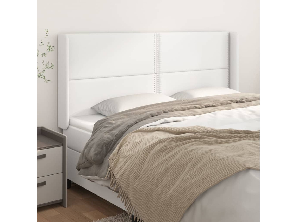 Cabecero Con Orejas De Cuero Sintético Blanco 203x16x118/128 Cm