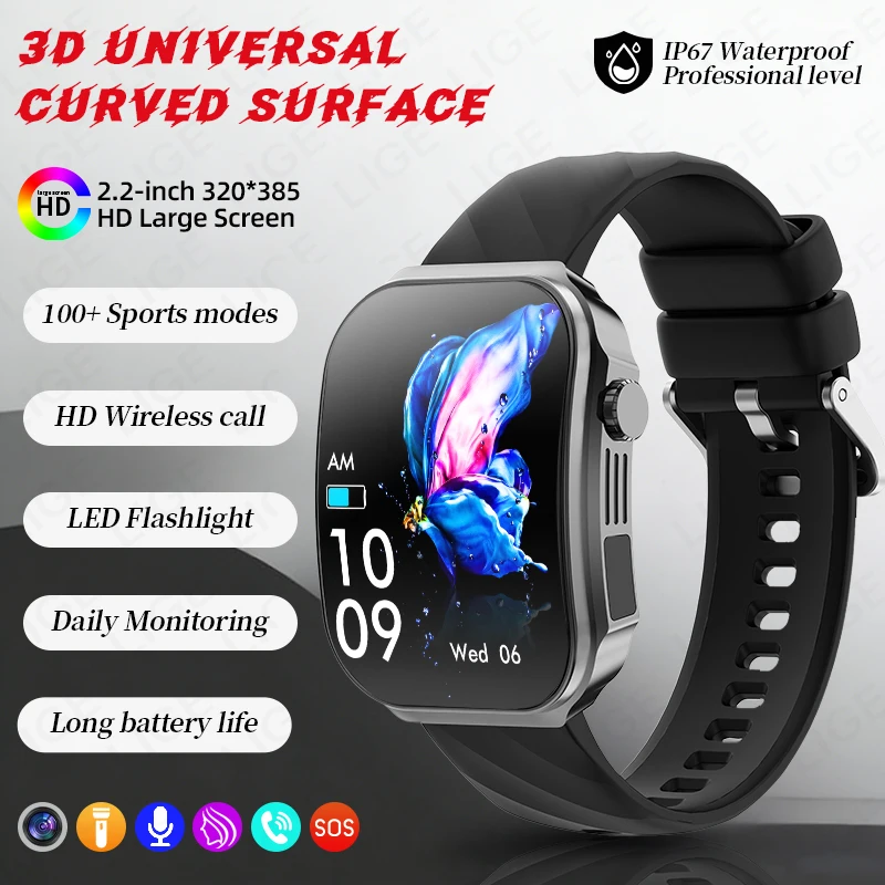 Reloj inteligente (negro), pantalla curva 3D, linterna LED, monitorización de frecuencia cardíaca, resistente al agua, llamadas Bluetooth.