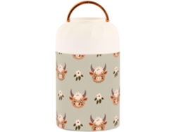 Recipiente térmico con cuchara, diseño de vaca de las Tierras Altas y flores, 500 ml, acero inoxidable, sin marca.
