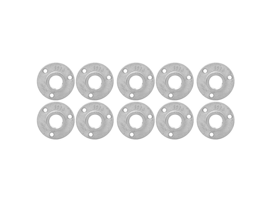 Conjunto de 10 bases de flange DN20 em alumínio com 3 furos para fixação de prateleiras, roscadas.