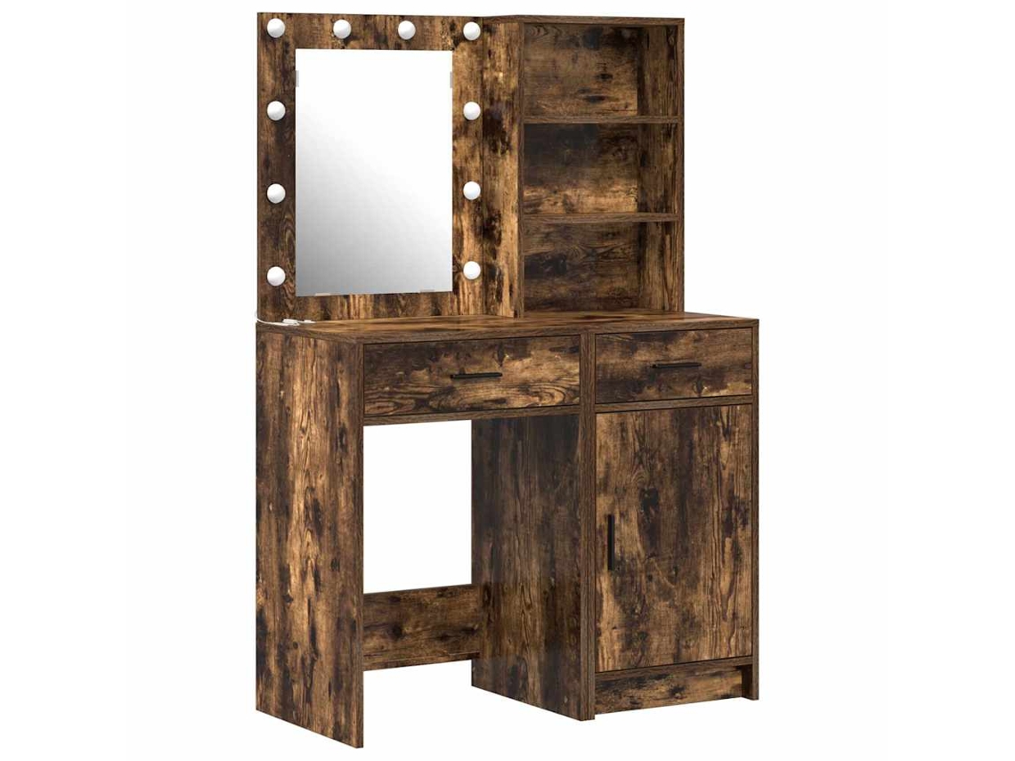 Conjunto De Tocador | Mesa De Vestidor Con Led 2 Uds Roble Ahumado