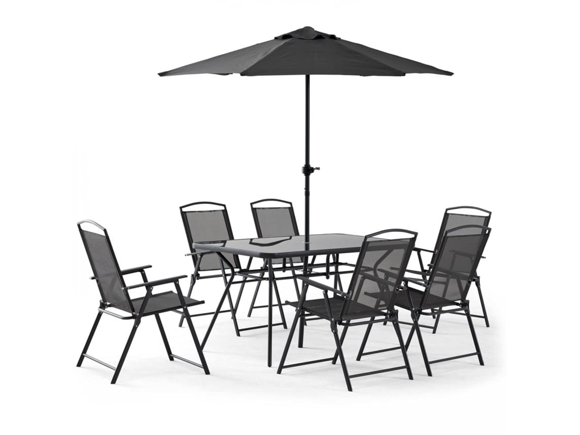 Mesa de Jardín Rectangular 140 X 80 Cm con 6 Sillas Plegables y Parasol Central