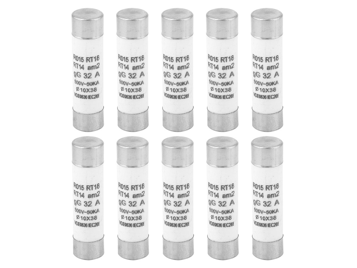 10 Fusibles Cilíndricos Rt14-20 De 10x38 Mm, 32 A, 380-500 Vca Con Indicador De 100 Ka.