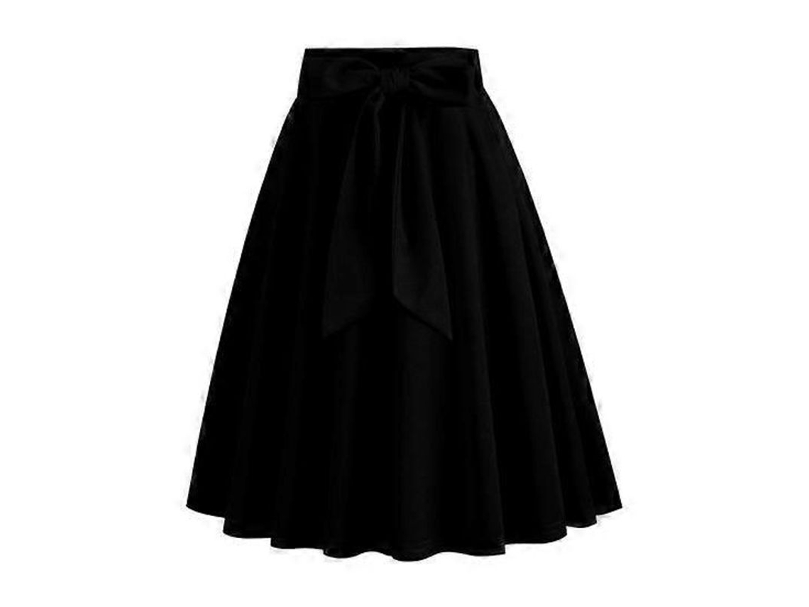 Falda Midi Mujer A-line Cintura Alta Cremallera Oculto Volante Bow Decor Tejido Ligero Verano Fiesta Casual Negro L