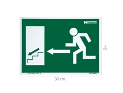 Cartel / señal fluorescente salida escalera izquierda abajo 21x30 cm.