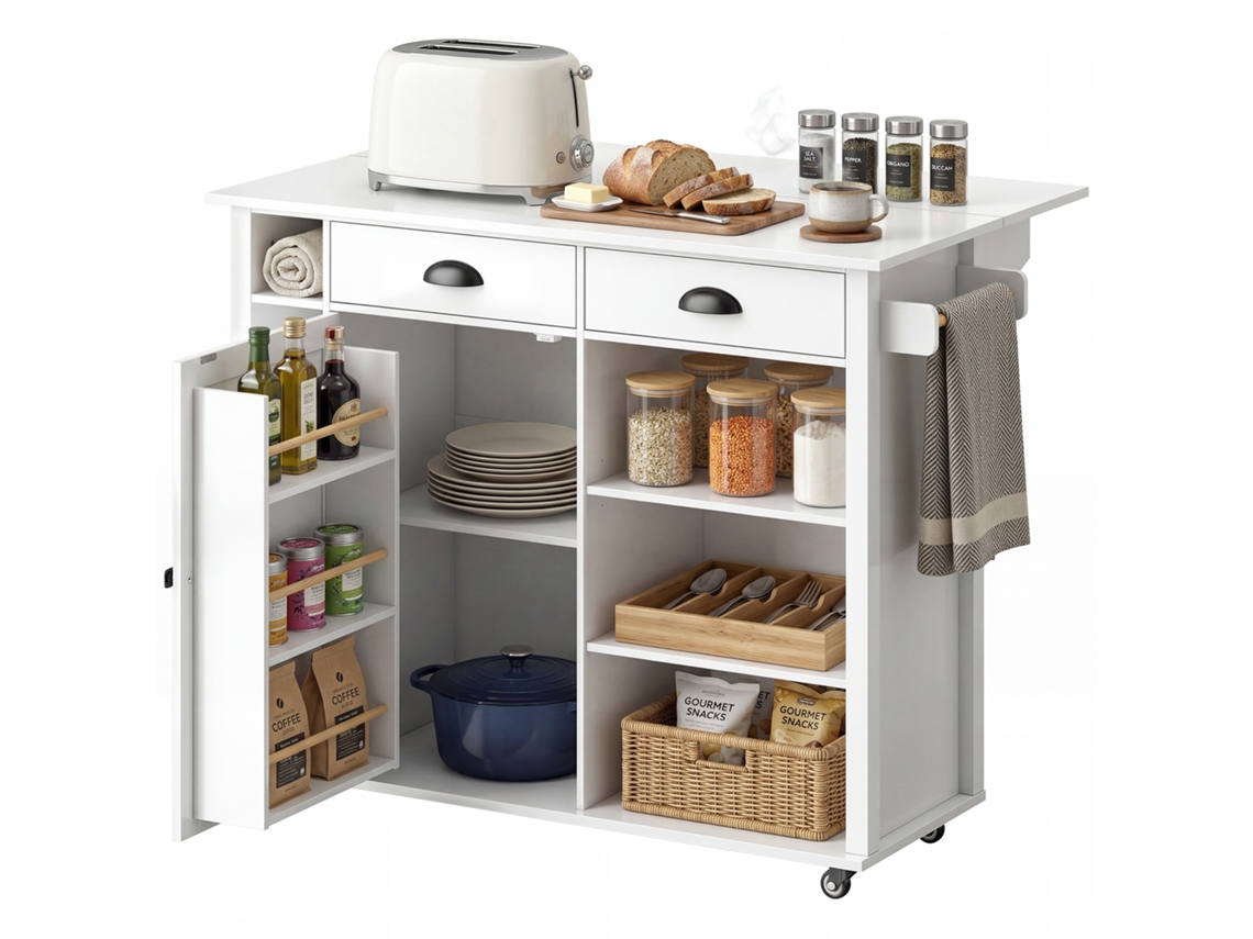 Isla De Cocina Con Ruedas, Tapa Abatible, 2 Cajones, Especiero, Color Blanco.
