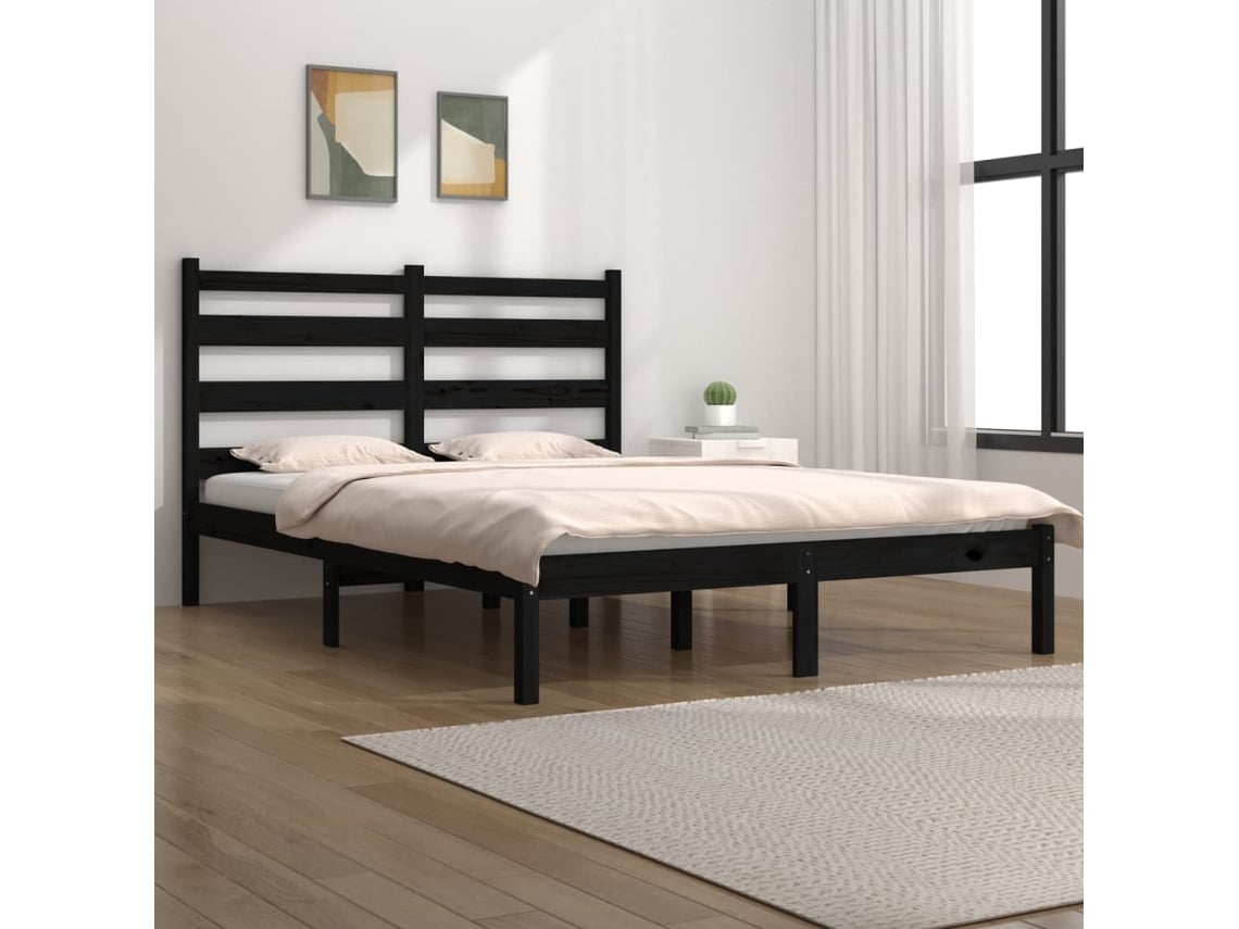 Estructura De Cama De Madera Maciza De Pino Negra 140x190 Cm