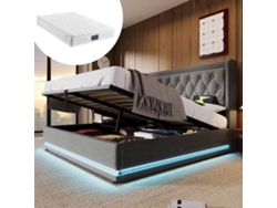 Cama 160x200 Cm Con Led 3 Lados, Usb-c, Cabecero Tapizado, Almacenamiento Hidráulico, Algodón Gris, Con Colchón.