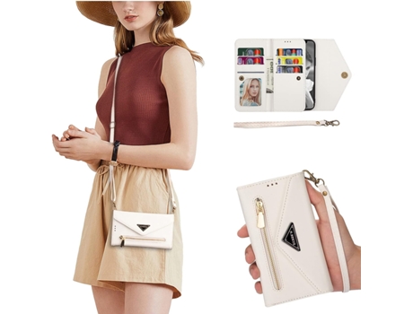 Estuche Tipo Billetera Cruzado Con Función Atril Con Ranuras Para Tarjetas Y Cordón Desmontable Y Correa Para La Muñeca, Blanco Para Iphone 13 Pro ...