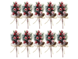 10 Ramos De Bayas Rojas Navideñas (15 Cm) Con Piñas Y Acebo - Decoración Artificial
