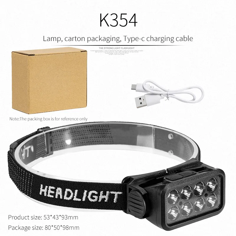 Linterna frontal recargable USB - Portátil - Linterna con batería integrada - Ideal para pesca y acampada