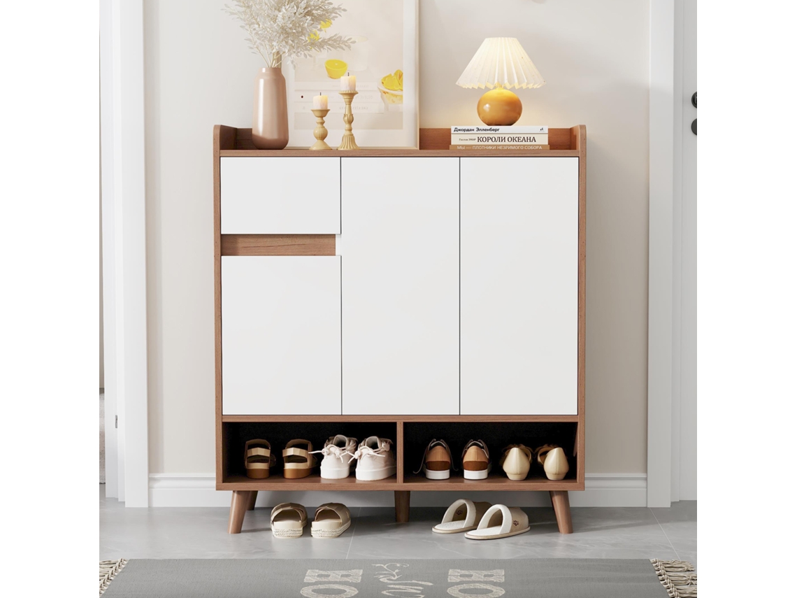 Zapatero moderno 90x35x99 cm con 3 puertas y 1 cajón, blanco/marrón, Mobrio