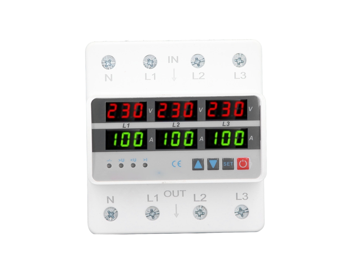 Protector Contra Sobretensiones Y Subtensiones Trifásico Con Rearme Automático. Corriente: 100 A, Ca 220 V-380 V, Montaje En Riel Din.