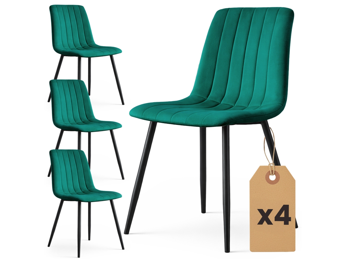 Set De 4 Sillas De Terciopelo Acolchadas Livo Verde Botella Patas Negras