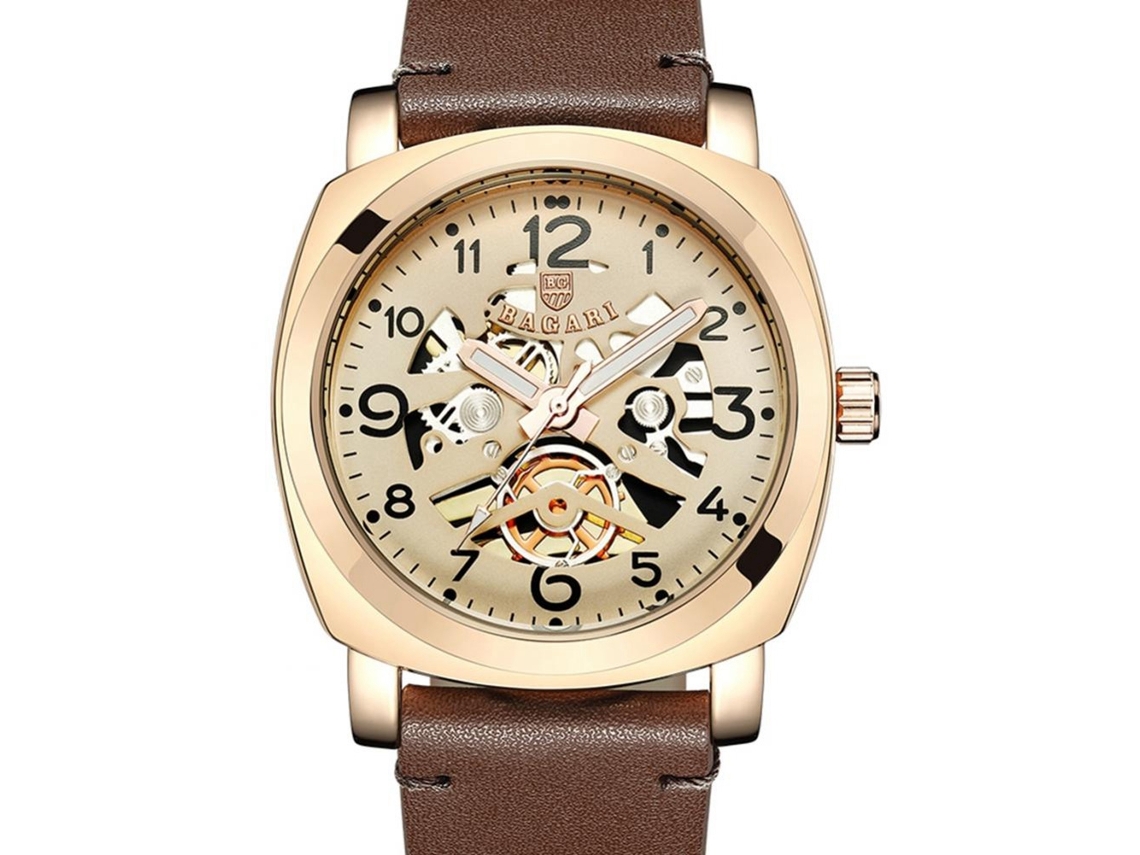 Reloj Hombre Bagari De Cuero Pu Con Caja Oro Rosa Y Correa Café, Cuadro Redondo De Cuarzo