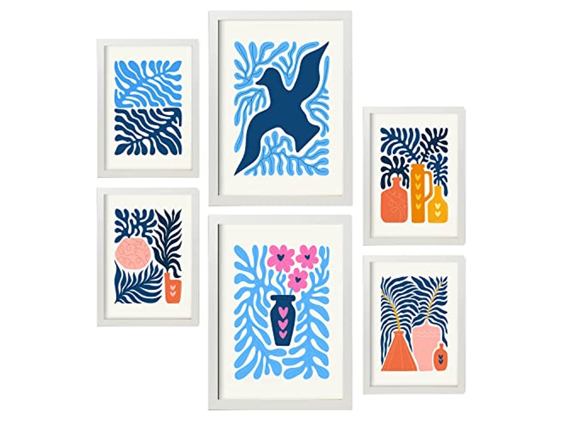 NACNIC Set De 6 Posters Minimalismo En Colores Vibrantes Hojas Azules Láminas De Paisajes Y Naturaleza Para  Tamaños A3 & A4 Marcos Blancos