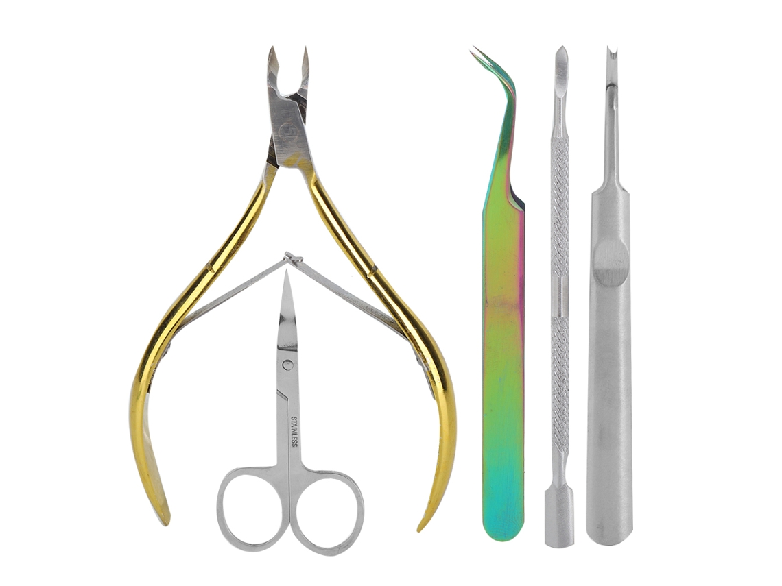 Juego de herramientas para uñas Kkml de 5 piezas: exfoliante, empujador, cortauñas, tijeras y alicates para cutículas (dorado)